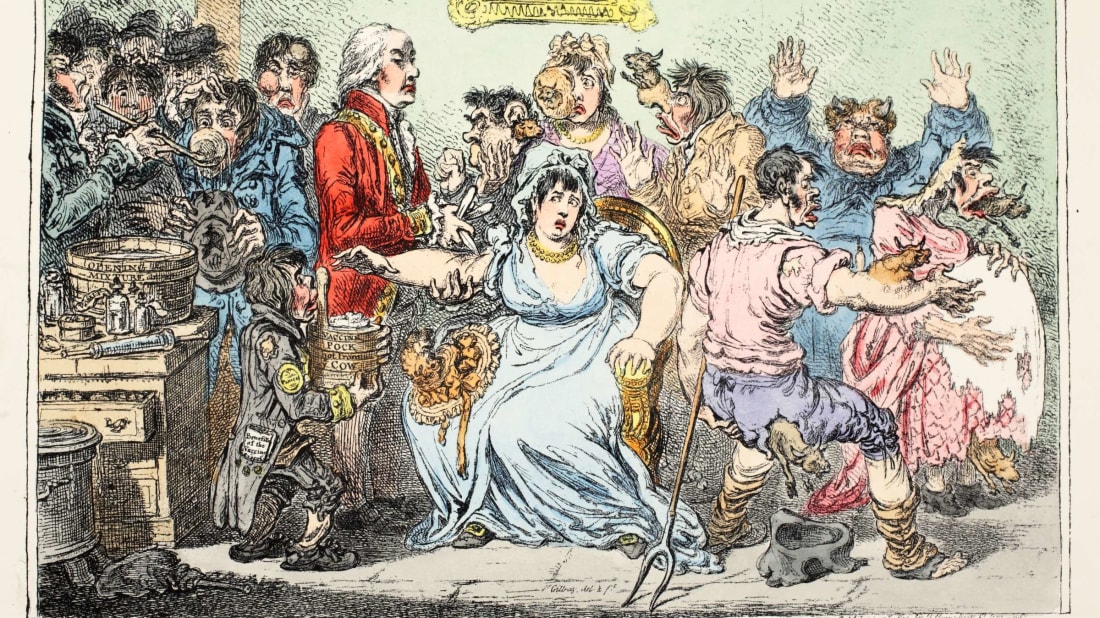 An 1802 cartoon by James Gillray illustrating some of the alleged "side effects" of the smallpox vaccine.