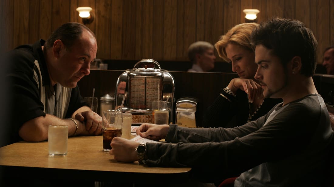 James Gandolfini, Edie Falco, and Robert Iler in the polarizing final scene from The Sopranos.