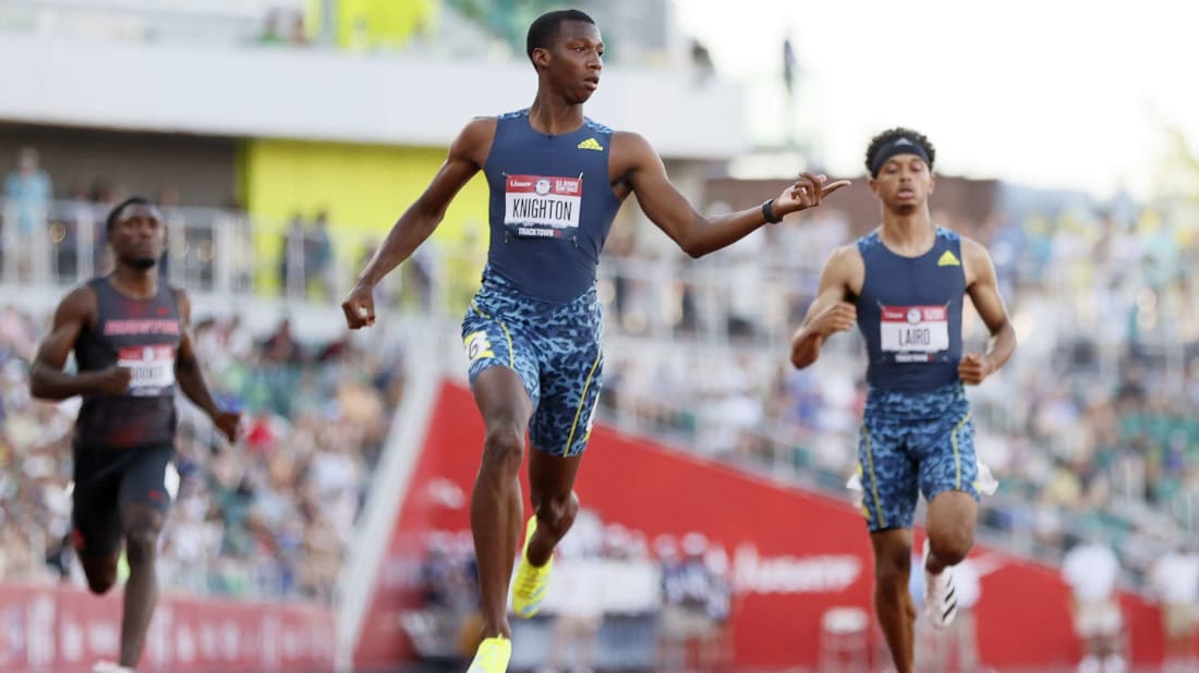 Erriyon Knighton, center, after winning his heat at the Olympic trials on June 26, 2021.