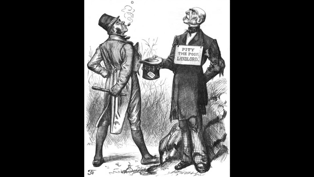 A cartoon depicting Irish rent boycotts from December 1880.