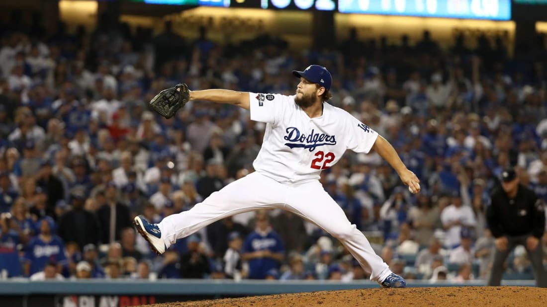 Left-handed pitcher Clayton Kershaw of the Los Angeles Dodgers during game five of the Natio<em></em>nal League Division Series in 2019.