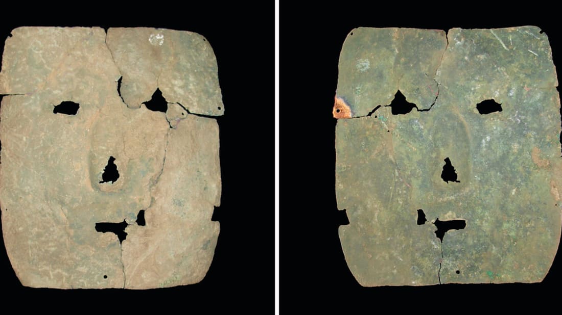 The front (left) and back (right) of a 3000-year-old copper mask. Small holes near the edges suggest the mask could have been attached with threads. Someone tried to repair the fracture near the left eye—note the holes near it. 