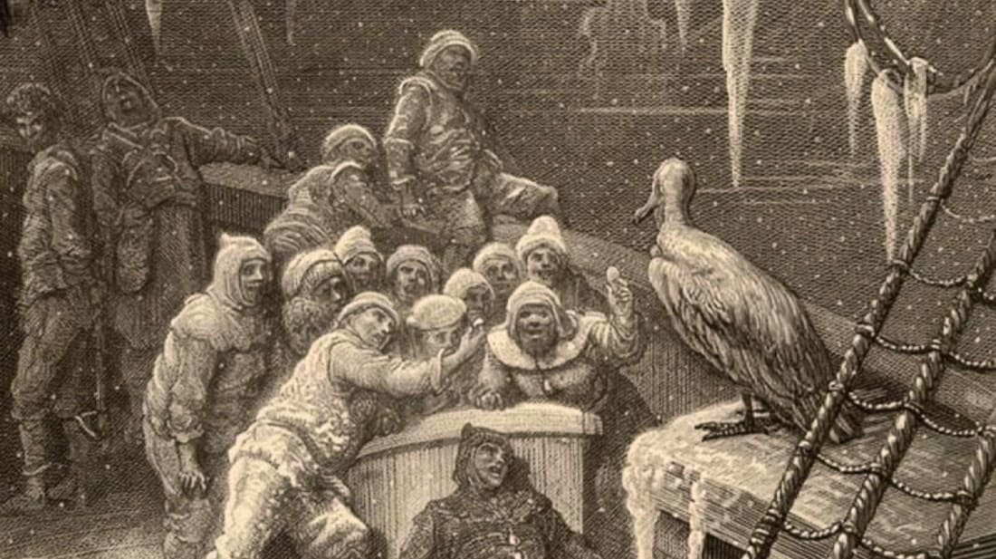 The albatross visits the Mariner and his crew in Samuel Taylor Coleridge's "The Rime of the Ancient Mariner," as illustrated in 1876 by Gustave Doré.