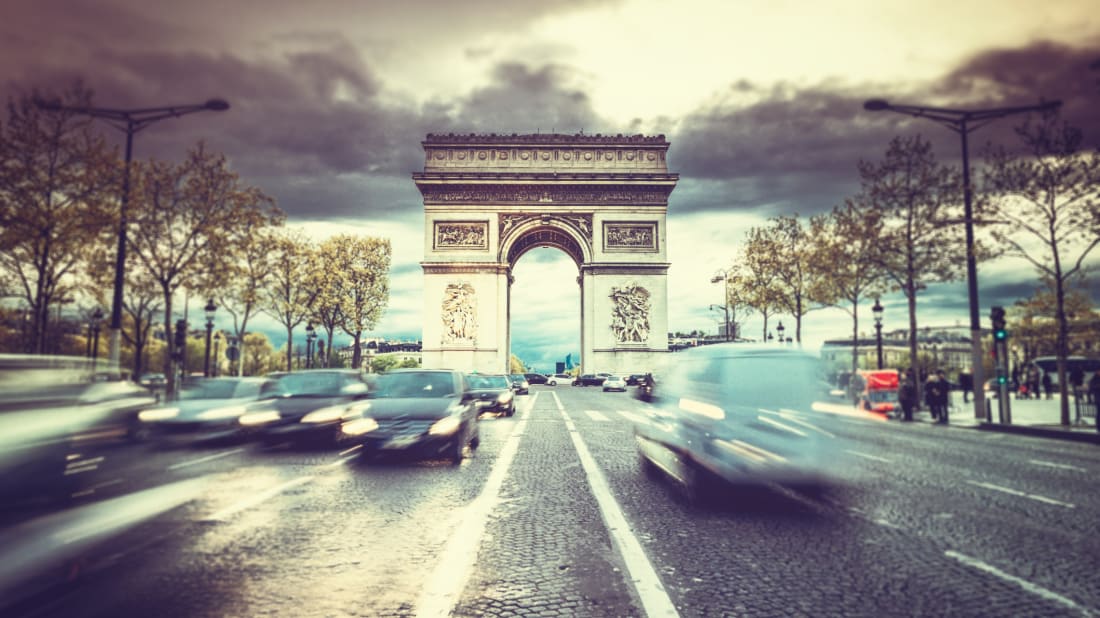 Rush hour on Paris's Avenue des Champs-Elysees.