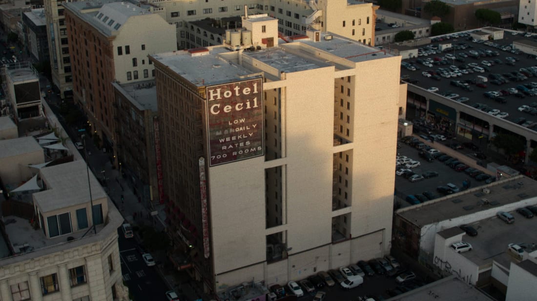 The exterior of Los Angeles's Cecil Hotel, as seen in Crime Scene: The Vanishing at the Cecil Hotel (2021).