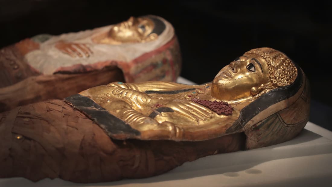 Coffins holding mummies on display at the Field Museum in Chicago