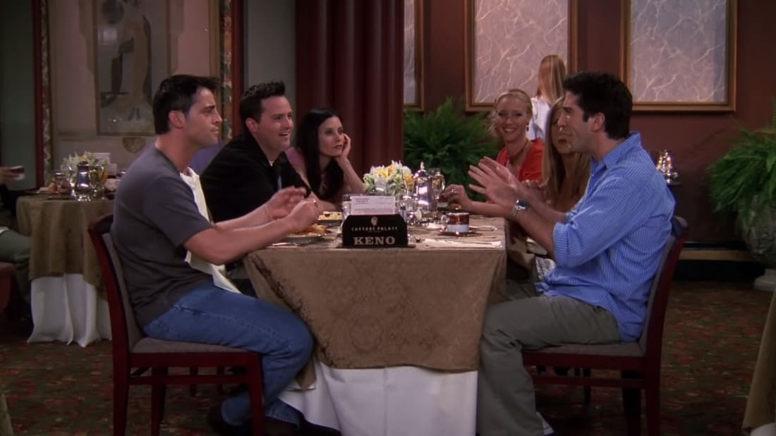 The friends brunching in Las Vegas after Ross and Rachel impulsively tied the knot. 