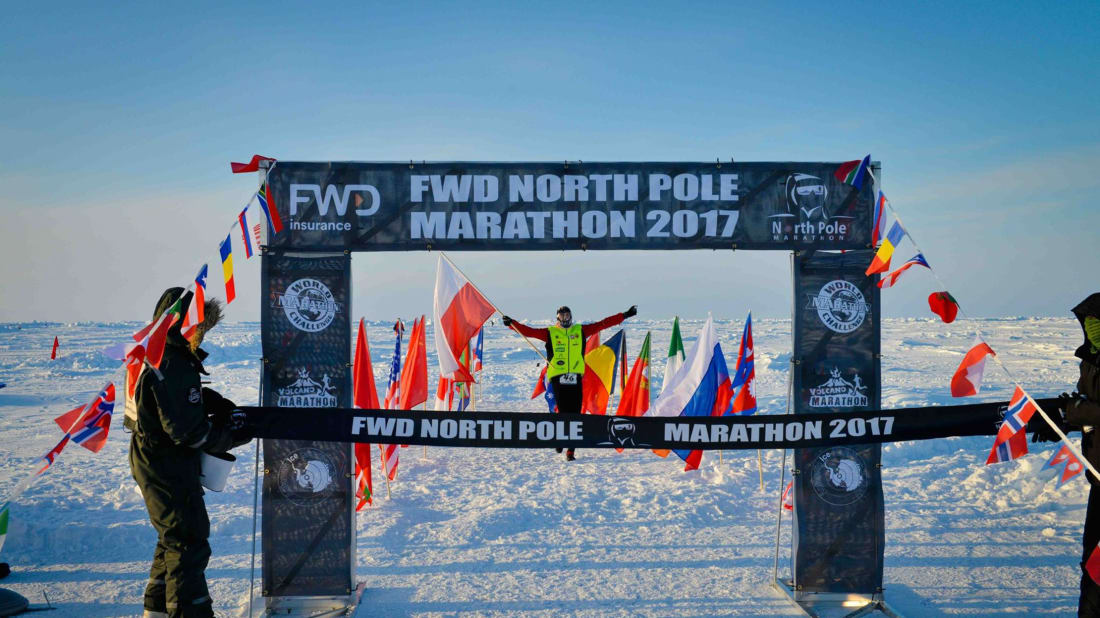 Piotr&nbsp;Suchenia of Poland crosses the finish line at this year's North Pole Marathon. //&nbsp;North Pole Marathon via Facebook