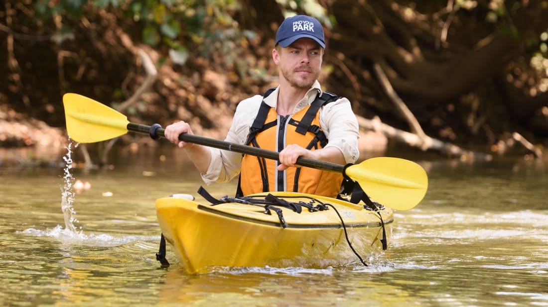 Actor and singer Derek Hough kayaks through Indiana Dunes Natio<em></em>nal Park (formerly Natio<em></em>nal Lakeshore) in September 2017.