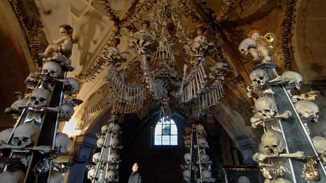 Decorations in the Sedlec Ossuary, a small chapel beneath the Cemetery Church of All Saints in Sedlec, a suburb of Kutna Hora in the Czech Republic