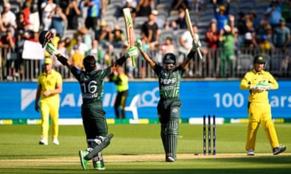 Mohammad Rizwan and Babar Azam of Pakistan celebrate after winning the third ODI match between Australia and Pakistan at Optus Stadium in Perth