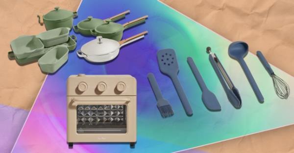 Cookware items on a multi-coloured background 