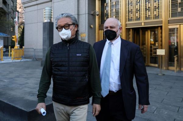 Sung Kook (Bill) Hwang, the founder and head of a private investment firm known as Archegos exits the Manhattan federal courthouse in New York City April 27, 2022. — Reuters pic  